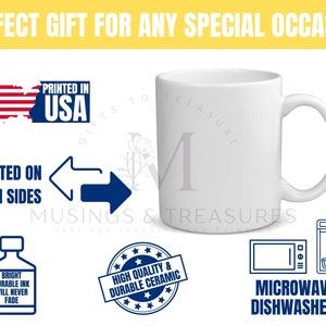 May include: White ceramic coffee mug with a gray letter M and the text "Gifts to Treasure" printed on the side. The mug is printed on both sides and is microwave and dishwasher safe. The mug is printed in the USA.