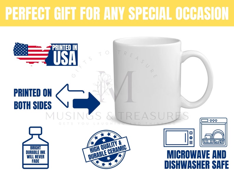 May include: White ceramic coffee mug with a gray letter M and the text "Gifts to Treasure" printed on the side. The mug is printed on both sides and is microwave and dishwasher safe. The mug is printed in the USA.