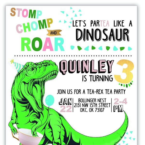 T-Rex Tea Party Geburtstagseinladung