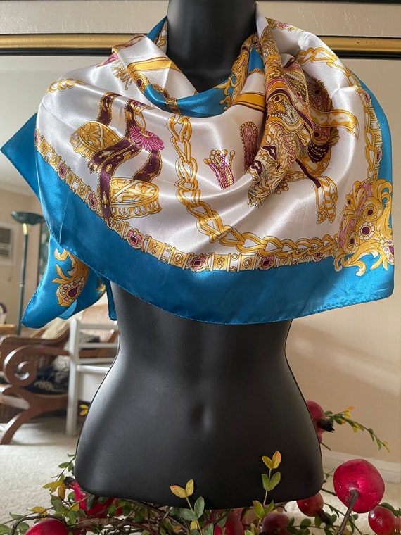 Vintage Silk Scarf - Blue  Silk Scarf - Head Scar… - image 5