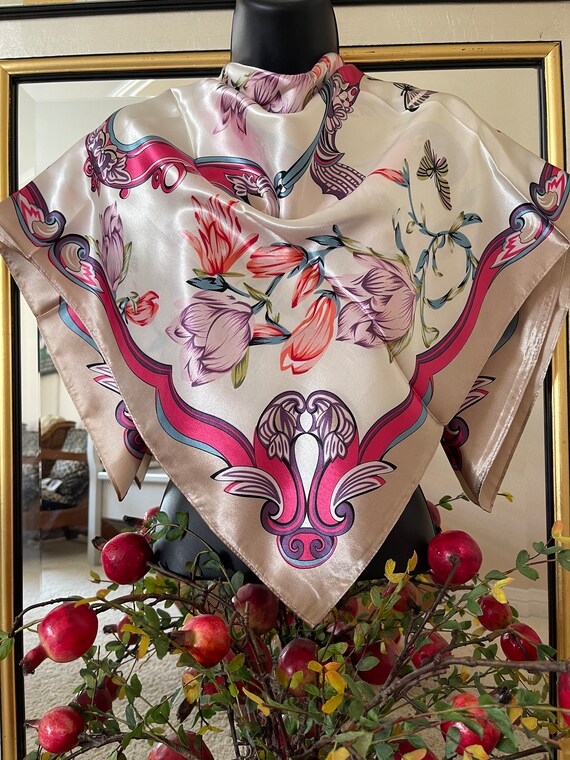 Vintage Silk Scarf - Pink Silk Scarf - Head Scarf - … - Gem