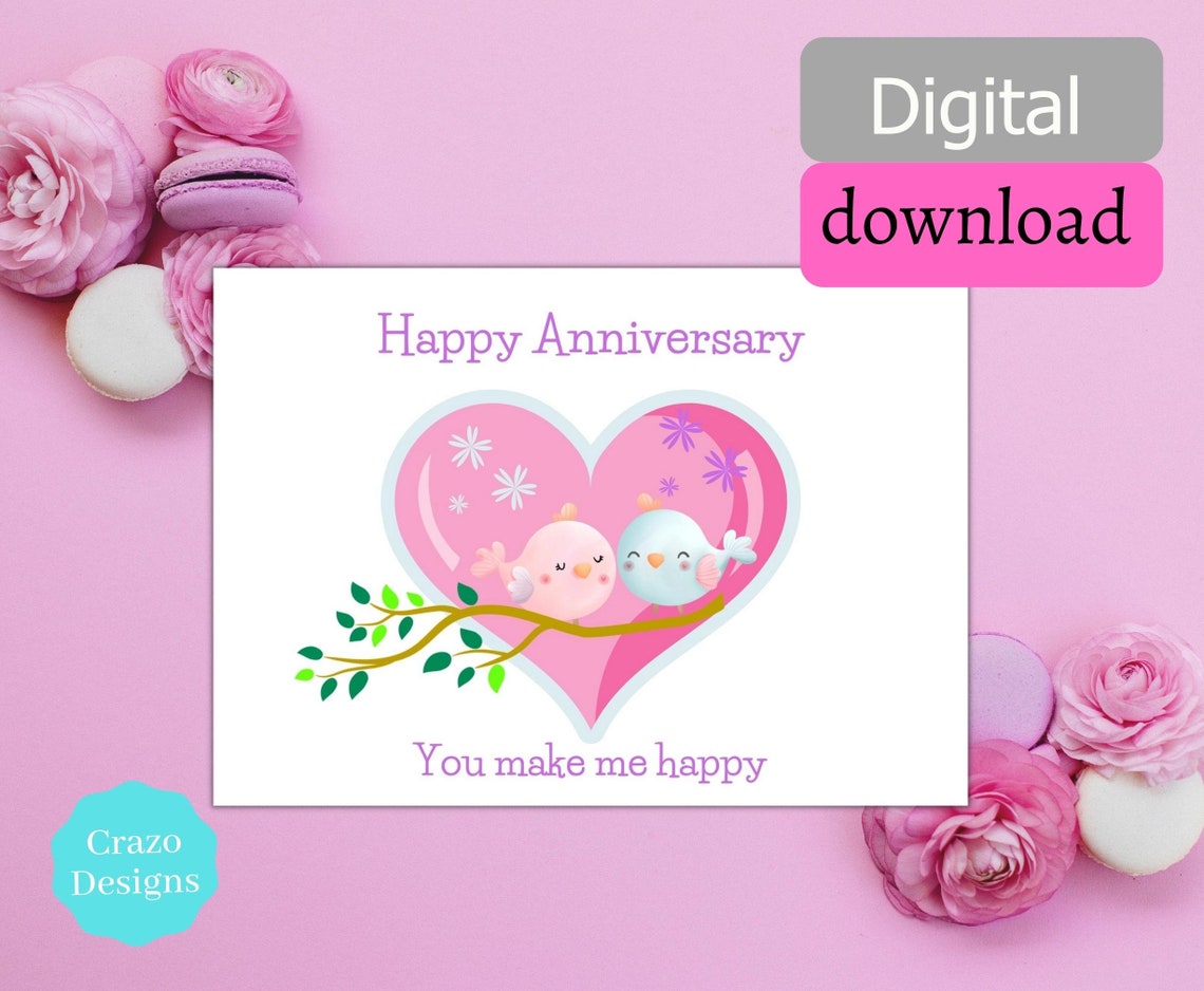 Love Birds Anniversary Card, Printable Greeting Card (digital Download ...