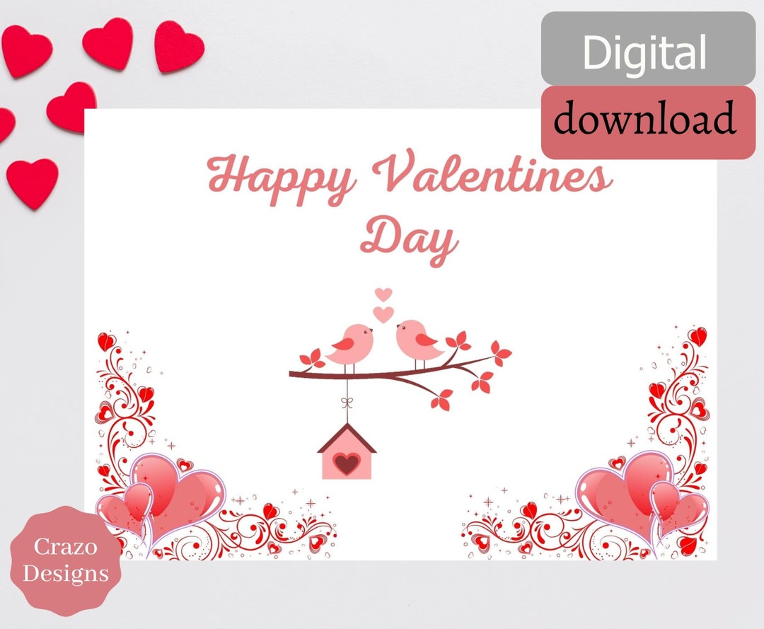 Printable Happy Valentines Card, Love Birds and Hearts, Instant ...