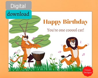 Lion Happy Birthday Greeting Card, Cool Cat Musical Birthday Card, printable greeting card, 5 x 7 inch Greeting Card, Happy Birthday Card