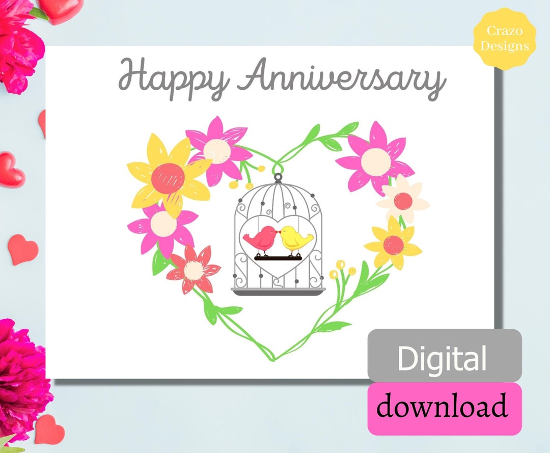 Printable Happy Anniversary Card, Greeting Card, Love Birds, Birds ...