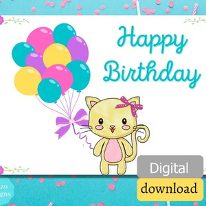 Balloons and Cat Happy Birthday Card, Funny Birthday Card, Balloon Greeting Card, Cat Greeting Card, Printable Birthday Card, Funny Birthday