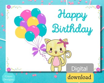 Balloons and Cat Happy Birthday Card, Funny Birthday Card, Balloon Greeting Card, Cat Greeting Card, Printable Birthday Card, Funny Birthday