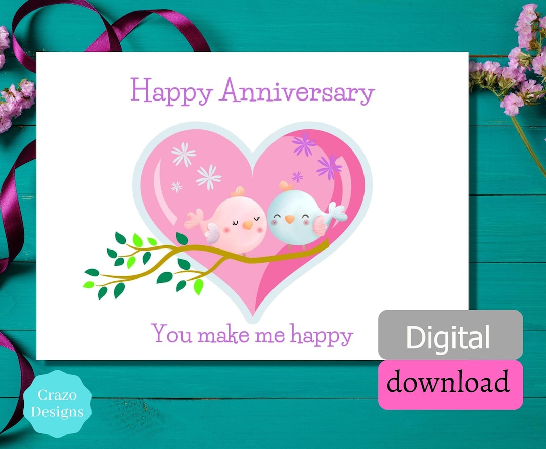 Love Birds Anniversary Card, Printable Greeting Card (digital Download ...