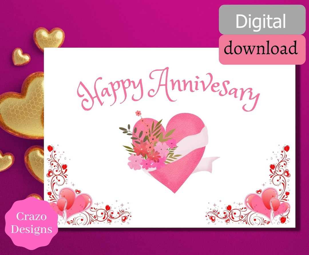 Printable Happy Anniversary Card, for Him or Her, Heart, Love, "5x 7 ...