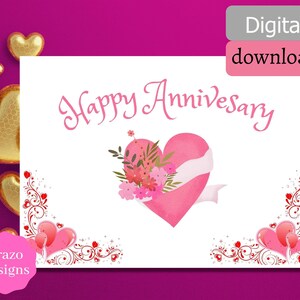 Tarjeta de feliz aniversario imprimible, para él o ella, corazón, amor, descarga digital "5x 7",