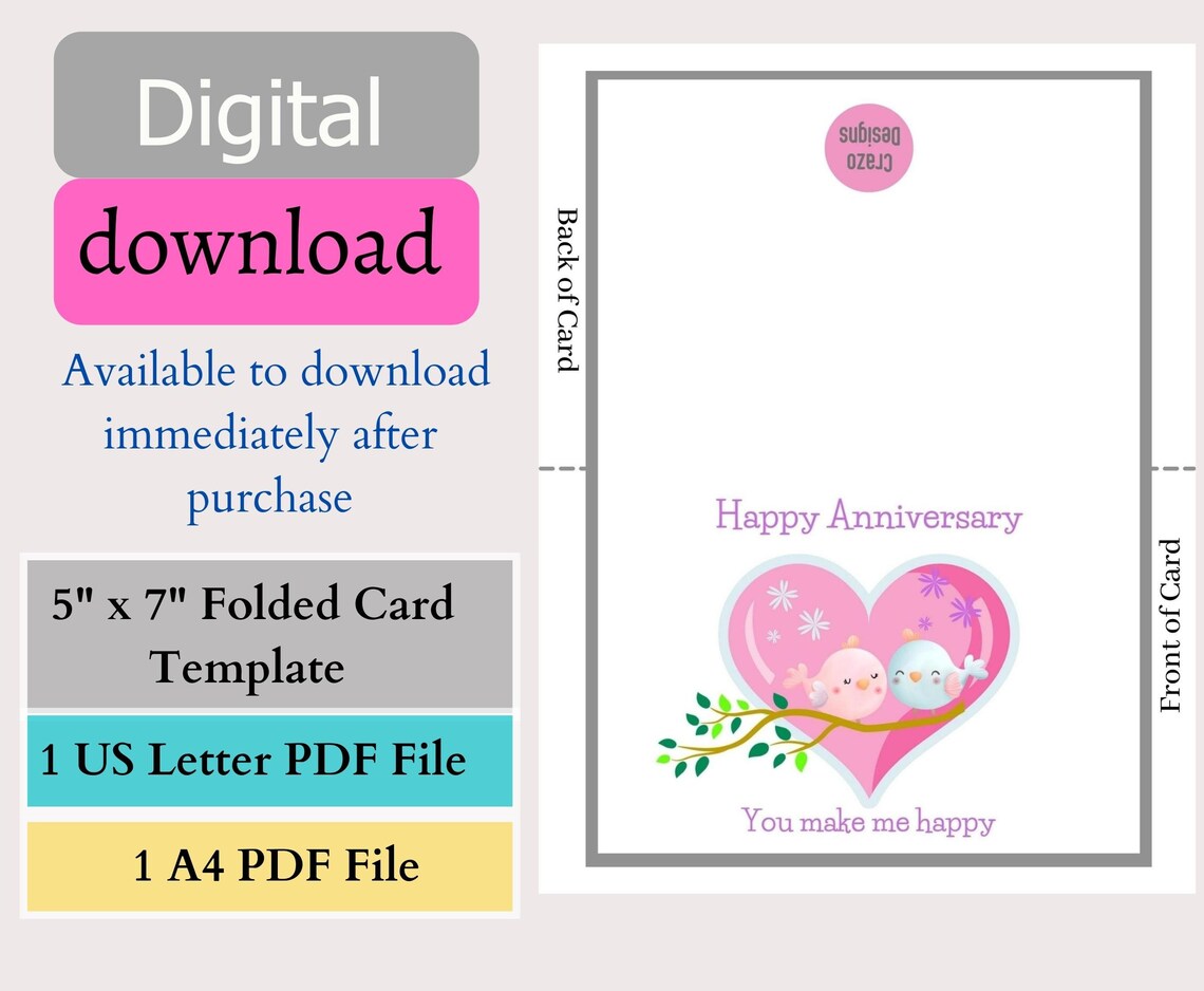 Love Birds Anniversary Card, Printable Greeting Card (digital Download ...