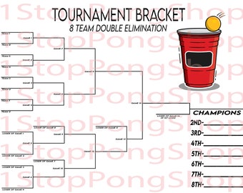 8 Team Double Elimination Beer Pong Tournament Bracket, Instant Digital Download, Printable, Bracket Poster, Customizable, College, SVG PNG