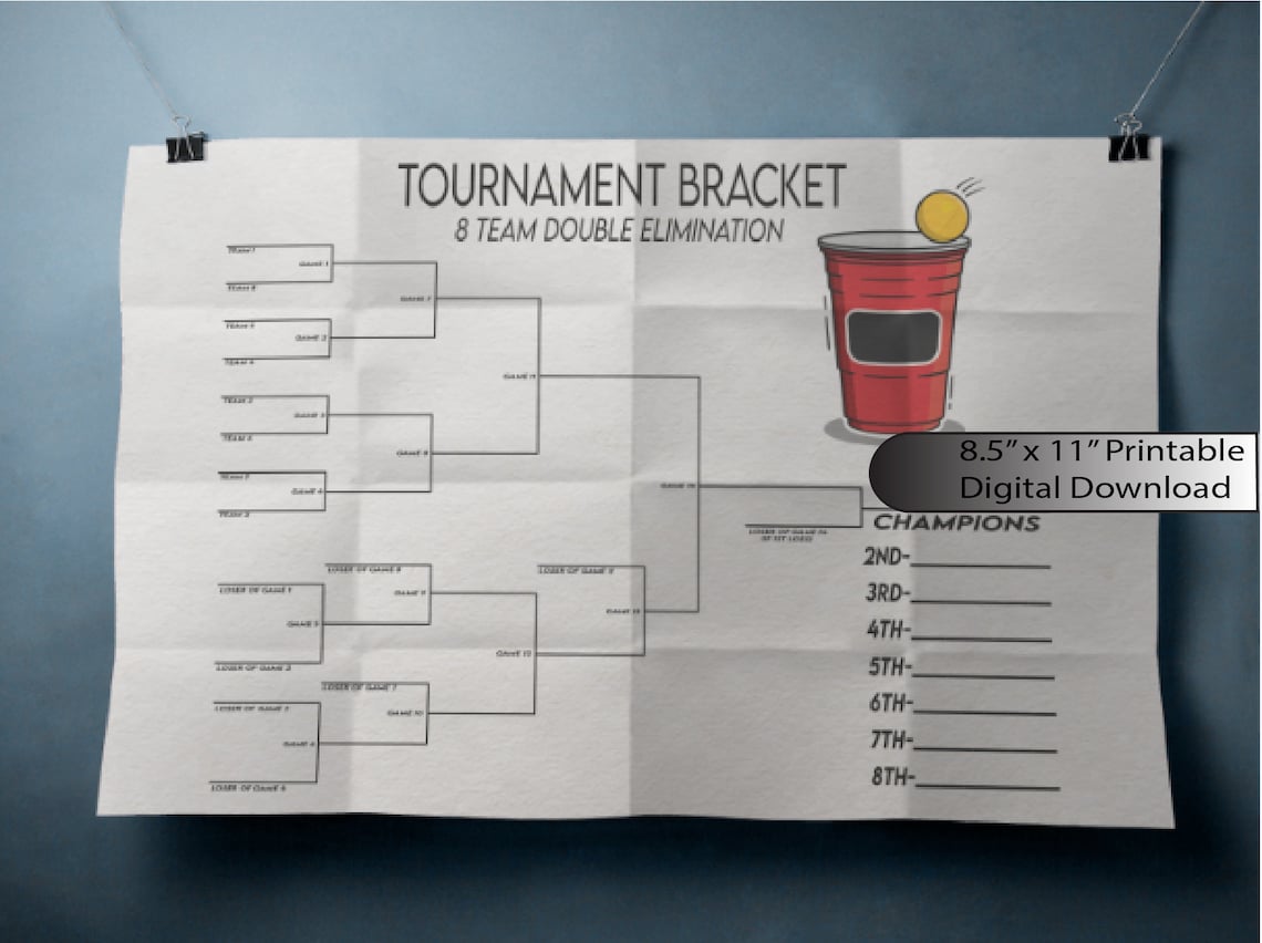 8 Team Double Elimination Beer Pong Tournament Bracket, Instant Digital