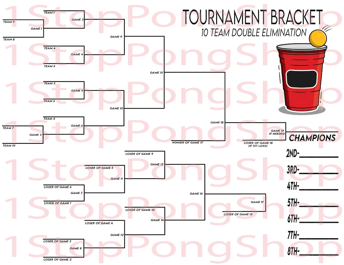 10 Team Double Elimination Beer Pong Tournament Bracket, Instant