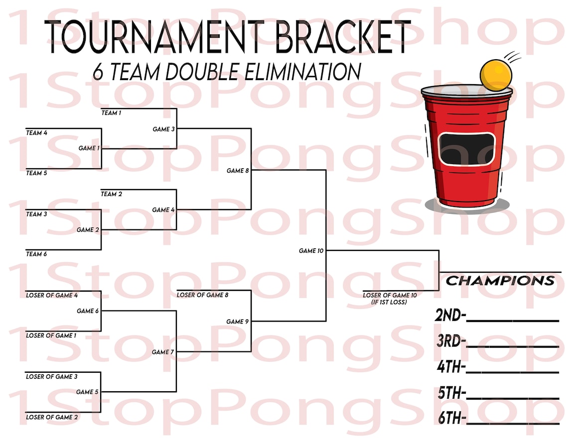 6 Team Double Elimination Beer Pong Tournament Bracket, Instant Digital ...