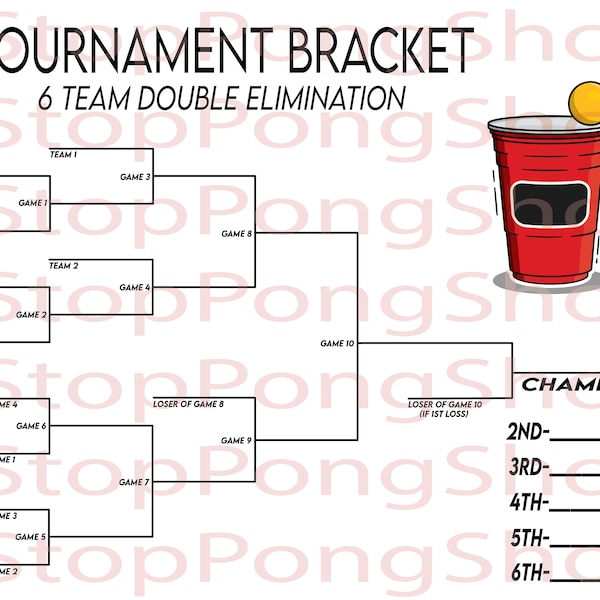 6 Team Double Elimination Beer Pong Turnier Halterung, sofortiger digitaler Download, druckbar, Halterung Poster, anpassbar, College, SVG PNG