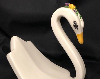 Ceramic Swan Hand Painted Bath Decor Towel Holder 1983