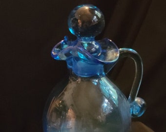 Hand Blown Cobalt Blue Cruet with Stopper Ruffle Top Scroll Handle