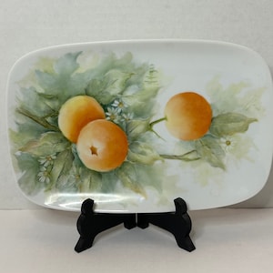 Puede incluir: Un plato rectangular de servir de porcelana blanca con un diseño pintado a mano de fruta naranja en una rama con hojas verdes y flores blancas.