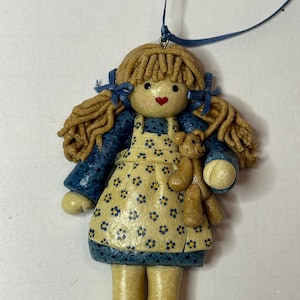 Handmade Dough Ornament Girl with Teddy Bear Signed 1992 READ