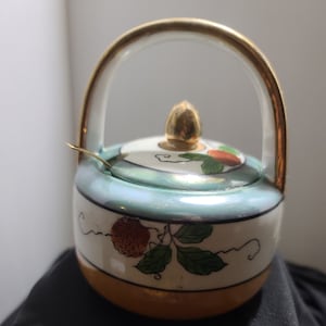 Lusterware Hand Painted Covered Sugar Bowl with Spoon