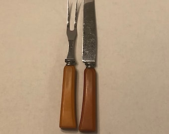 Stainless Steel Carving Knife and Fork Amber Bakelite Handles Art Deco