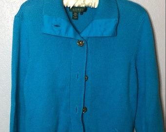 Cárdigan vintage de algodón azul Ralph Lauren para mujer con botones grandes en tono dorado