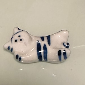 Kotobuki Japan Porcelain Cat White Blue Striped Kitten Figurine Laying on Back