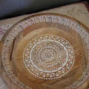 Wooden Etched 12 inch Platter with Painted White Design