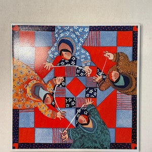 Barbara Lavallee Vintage Quilting Quartet Signed Ceramic Tile Trivet Inuit Alaska Life