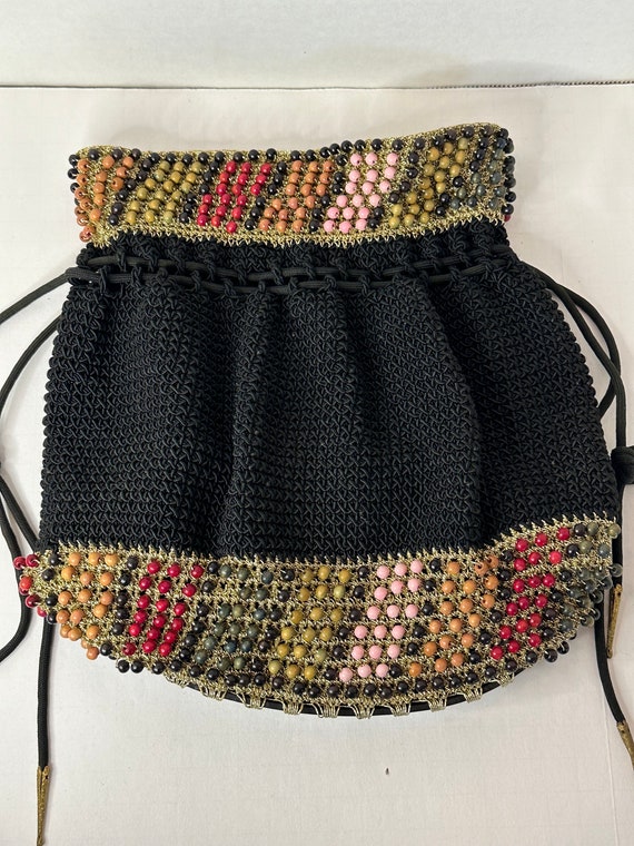 Vintage Evening Crocheted Drawstring Black Bucket… - image 6