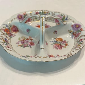 Victoria Czechoslovakia Vintage Divided Floral Gold Gilt Divided Nut Candy Dish