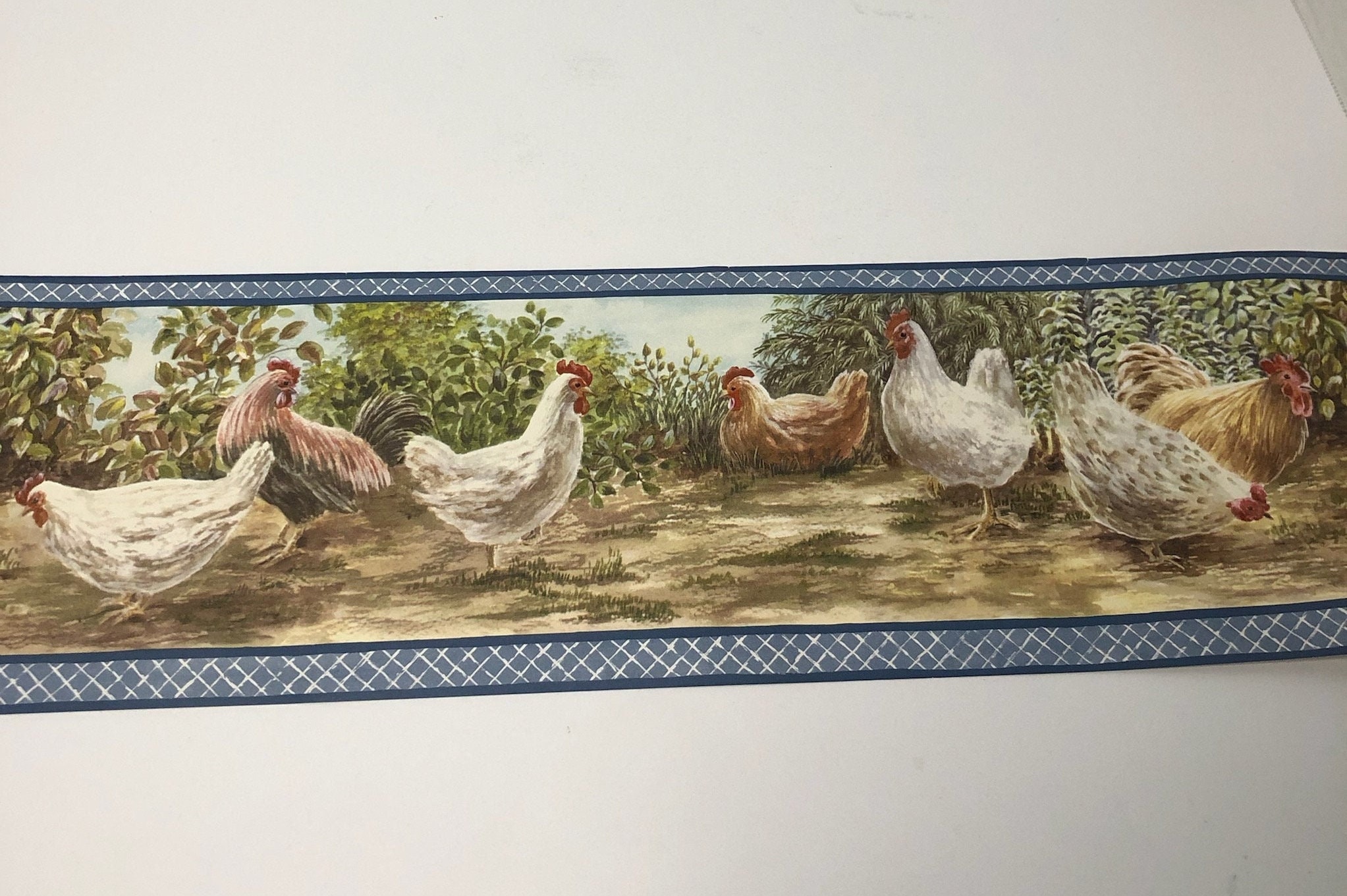Hand drawn cute seamless pattern orange blue hen chicken on pastel  background Funny design for kids