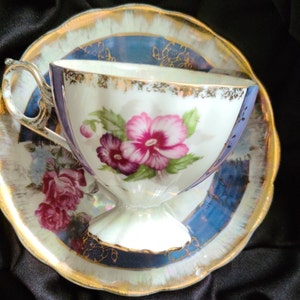 Floral Pedestal Teacup and Saucer Blue Pink Gold Trim Made in Japan