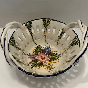 Vintage RCCL Hand Painted Ceramic Pottery Signed Floral Basket Bowl Made in Portugal