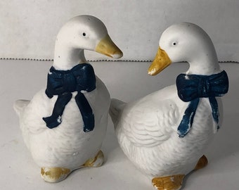 Vintage Ceramic Blue Bow Duck Figurines Set of 2