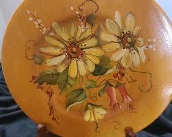 Tole Painted Wood Plate Floral Signed