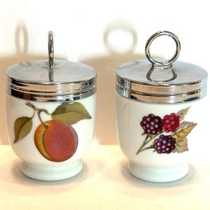 Royal Worcester Porcelain Egg Coddler Peach and Berry Design Metal Screw on Lids Set of 2