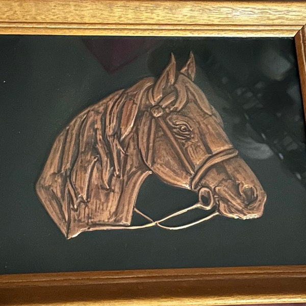 VTG Copper Hand Hammered Horse Head Framed Picture Embossed Wall Hanging 14x11 inches