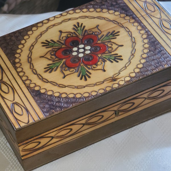 Carved Hand Painted Wooden Box Hinged Lid