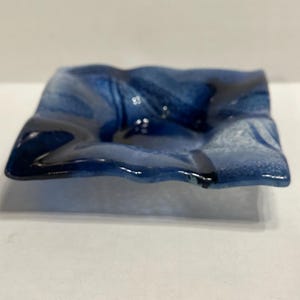 Blue Fused Art Glass Candle Holder Signed Square Wavy Edge