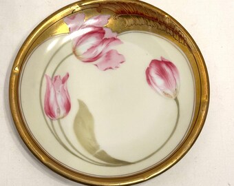 R S Tulipán rosa prusiano 6 1/2 pulgadas, plato con borde dorado Tillowitz Reinhold Schlegelmilch