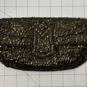 Black Satin Vintage Beaded Sequined Evening Bag Fold Over Clutch