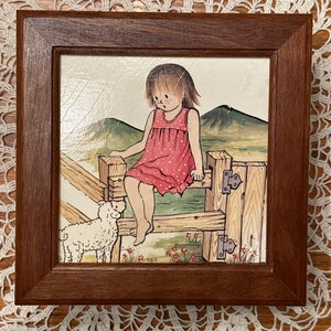 Vintage Wooden Hinged Jewelry Box Girl Lamb Country