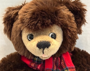 1990s Fuzzy Tweed Jointed Bear With Scarf and Night Cap, Unsure If