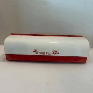 Suporte de armazenamento de papel de cera de metal antigo vermelho e branco com parte superior articulada