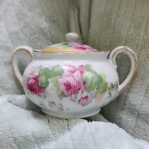 Porcelain Floral Covered Sugar Bowl made in Germany Two Handles Pink with Gold Trim