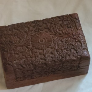 Carved Floral Wooden Hinged Box Red Lining