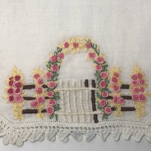 Hand Embroidered Floral Garden Gate Dresser Scarf Table Runner