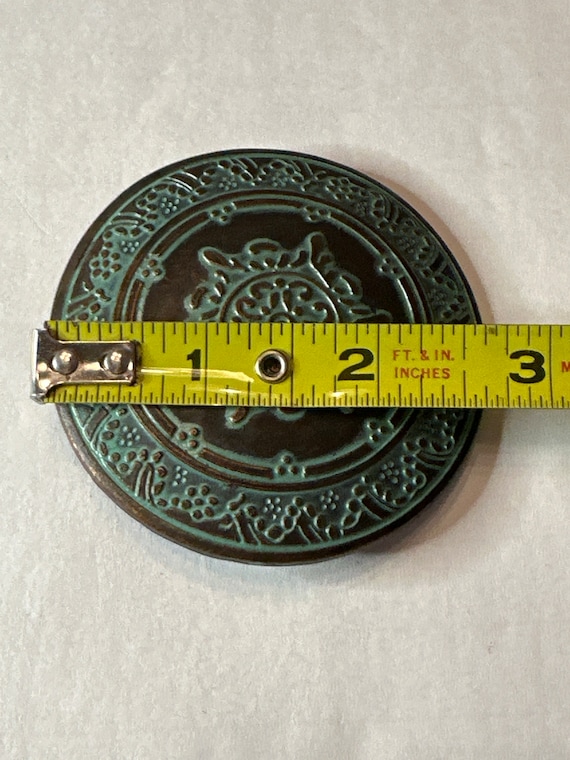Round Copper Belt Buckle Etched Design Teal - image 3